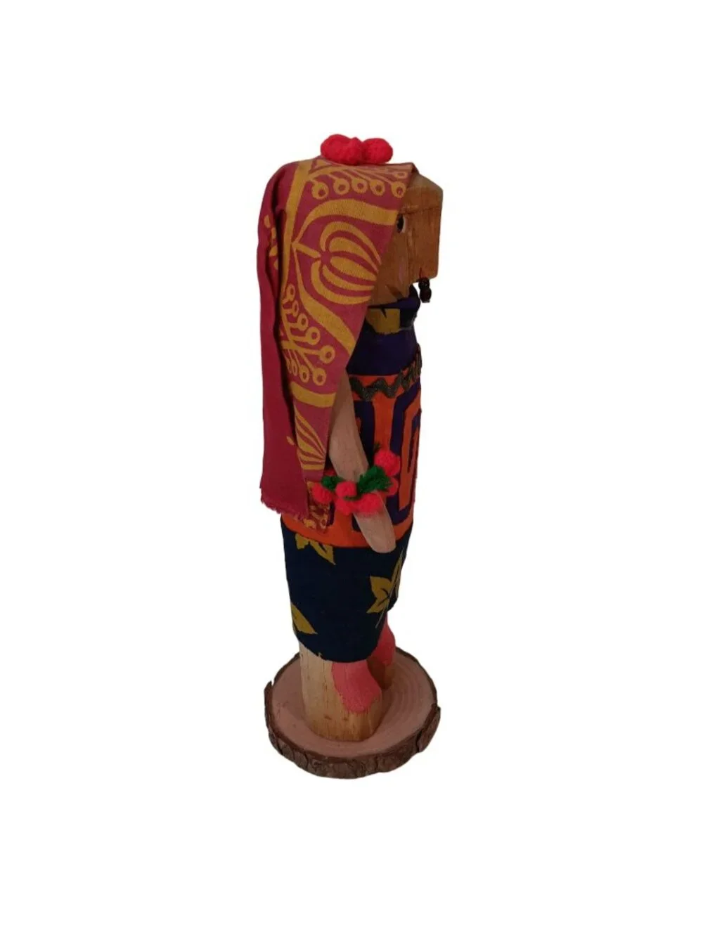 Handcrafted Wooden Tribal Folk Art Doll With Hand-Painted Details & Fabric Dress
